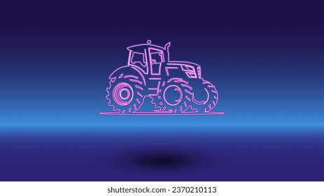 Neon tractor symbol on a gradient blue background. The isolated symbol is located in the bottom center. Gradient blue with light blue skyline