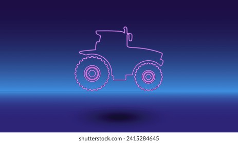 Neon tractor symbol on a gradient blue background. The isolated symbol is located in the bottom center. Gradient blue with light blue skyline