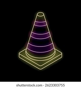 Neon traffic cone glowing in purple and yellow on a black background