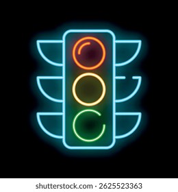 Neon traffic light glowing on a black background, symbolizing traffic regulation, safety, and urban life