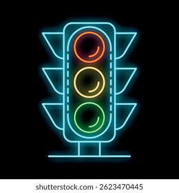 Neon traffic light shining on black background, concept of night traffic in the city