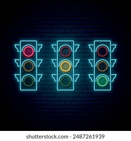 Neon Traffic lights set. Glowing traffic lights icon on dark brick wall background. Vector illustration in neon style.