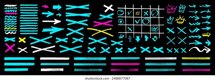 Neon transparent marker highlighter lines, arrows, crowns. Hand painted marker underlines, frames set. Vector abstract cyan blue, yellow, purple pink and white infographic elements isolated on black