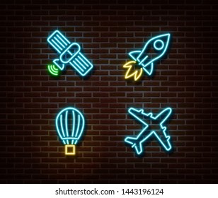 Neon transport signs vector isolated on brick wall. Satellite, rocket, air balloon, plane light symbols, decoration effect. Neon transportation illustration.