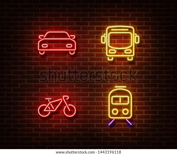 Neon transport signs vector isolated on\
brick wall. Auto car, bus, bike, train light symbols, decoration\
effect. Neon transportation\
illustration.