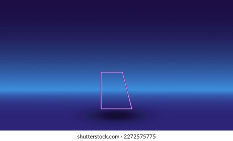 Neon trapezium symbol on a gradient blue background. The isolated symbol is located in the bottom center. Gradient blue with light blue skyline