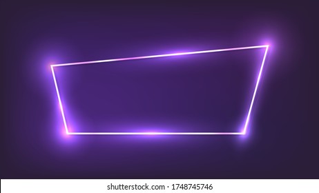 Neon trapezoid frame with shining effects on dark background. Empty glowing techno backdrop. Vector illustration.