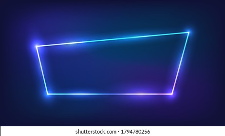 Neon trapezoid frame with shining effects on dark background. Empty glowing techno backdrop. Vector illustration.