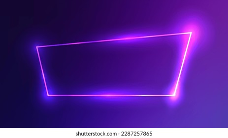 Neon trapezoid frame with shining effects on dark purple background. Empty glowing techno backdrop. Vector illustration