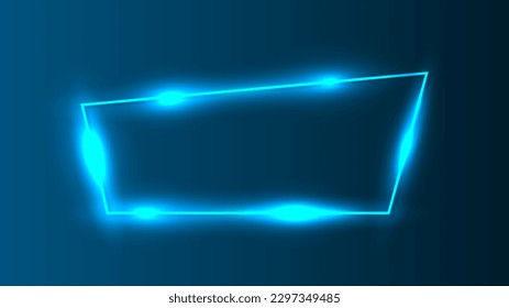 Neon trapezoid frame with shining effects on dark blue background. Empty glowing techno backdrop. Vector illustration