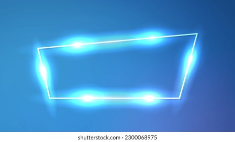 Neon trapezoid frame with shining effects on blue background. Empty glowing techno backdrop. Vector illustration