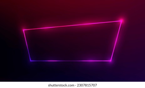 Neon trapezoid frame with shining effects on dark purple background. Empty glowing techno backdrop. Vector illustration