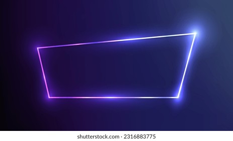 Neon trapezoid frame with shining effects on dark blue background. Empty glowing techno backdrop. Vector illustration