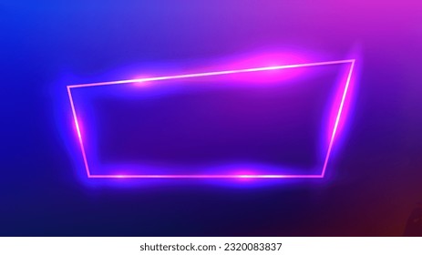 Neon trapezoid frame with shining effects on dark purple background. Empty glowing techno backdrop. Vector illustration