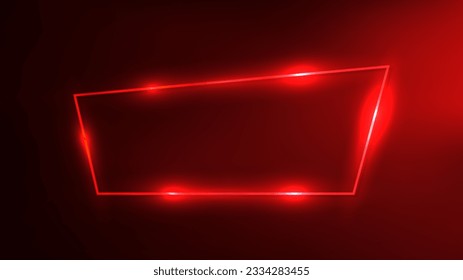 Neon trapezoid frame with shining effects on dark red background. Empty glowing techno backdrop. Vector illustration