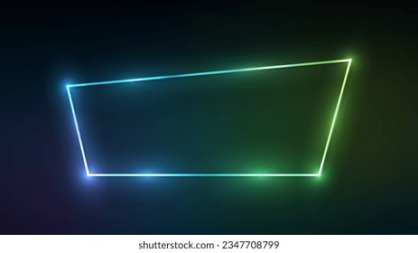 Neon trapezoid frame with shining effects on dark green background. Empty glowing techno backdrop. Vector illustration