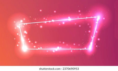 Neon trapezoid frame with shining effects and sparkles on red background. Empty glowing techno backdrop. Vector illustration