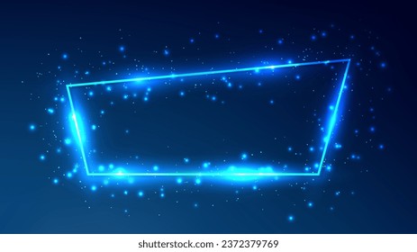 Neon trapezoid frame with shining effects and sparkles on dark blue background. Empty glowing techno backdrop. Vector illustration