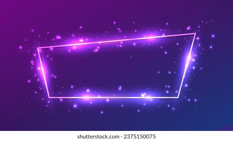 Neon trapezoid frame with shining effects and sparkles on dark purple background. Empty glowing techno backdrop. Vector illustration