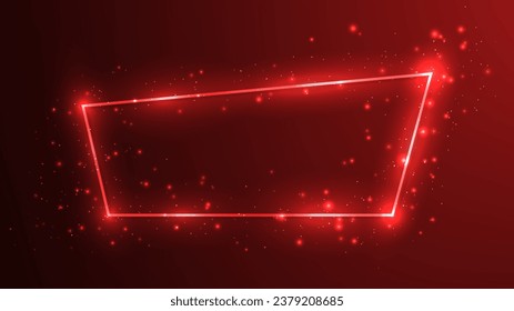 Neon trapezoid frame with shining effects and sparkles on dark red background. Empty glowing techno backdrop. Vector illustration