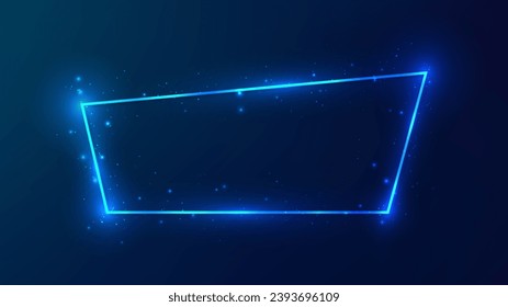 Neon trapezoid frame with shining effects and sparkles on dark blue background. Empty glowing techno backdrop. Vector illustration