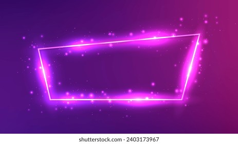 Neon trapezoid frame with shining effects and sparkles on dark purple background. Empty glowing techno backdrop. Vector illustration