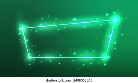 Neon trapezoid frame with shining effects and sparkles on dark green background. Empty glowing techno backdrop. Vector illustration