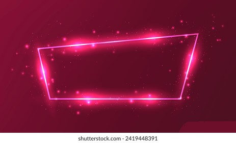 Neon trapezoid frame with shining effects and sparkles on dark red background. Empty glowing techno backdrop. Vector illustration