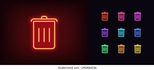 Neon trash can icon. Glowing neon dustbin sign, outline garbage pictogram in vivid colors. Trash bucket, internet rubbish, junk information, web dump. Vector icon set, sign, symbol for UI