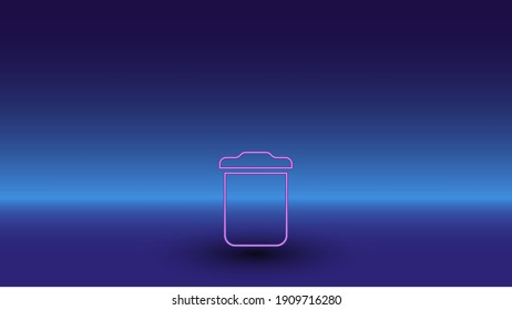 Neon trash symbol on a gradient blue background. The isolated symbol is located in the bottom center. Gradient blue with light blue skyline