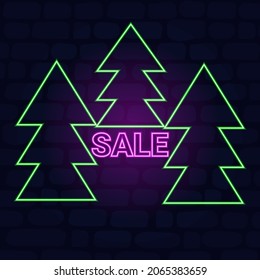 Neonbaum, leuchtendes DISCOUNT-Symbol. Silhouette eines Weihnachtsbaums Blumen Festbaum mit Neonlicht. Umriss-Weihnachtsbaum auf hellem Zeichen, Symbol für Rabattcouponaktionen Vektorgrafik