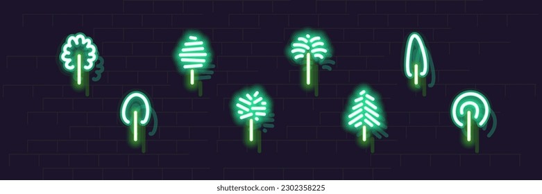 Neon trees set. Different glowing icons on dark brick wall background. Vector signs set.