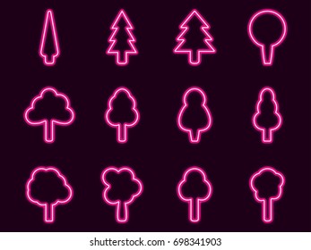 Neon trees set. Glowing sign. Vector illustration