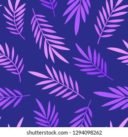 Neon trend pattern with tropical leaves of palm. Vector exotic seamless pattern in ultra violet color on blue background used for magazine, textile, wrapping paper.