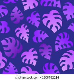 Neon trend pattern with tropical leaves of monstera. Vector exotic seamless pattern in ultra violet color on blue background used for magazine, textile, wrapping paper.