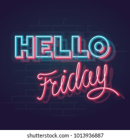 Neon trendy geometric hello friday sign. Blue and pink glowing memphis hello with handwritten friday words. Square line art 1980s style neon illustration on brick wall background.