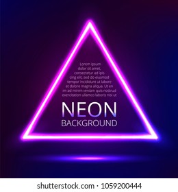 Neon triangle. Abstract vector background. Free space for your text. Glowing blue-violet frame on a dark background. Futuristic space design for posters and banners. Disco and lasers in retro style.