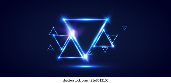 Neon Triangle Border Light Effects. Night Club Party Flyer or Banner Background. Blue Light Triangles Vector Illustration.