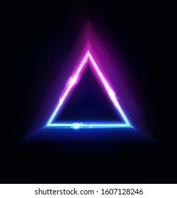 Neon triangle frame. Pyramid lights sign. Vector abstract neon background, tunnel or portal. Geometric glow outline triangle shape or laser glowing lines. Abstract background with space for your text.