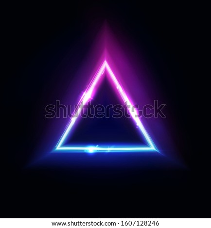 Neon triangle frame. Pyramid lights sign. Vector abstract neon background, tunnel or portal. Geometric glow outline triangle shape or laser glowing lines. Abstract background with space for your text.