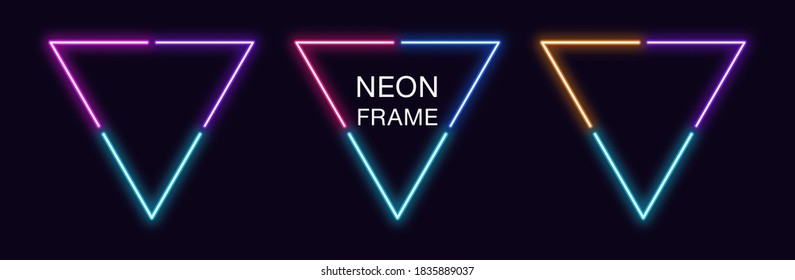 Neon triangle Frame. Set of triangular neon Border in 3 angular parts. Geometric shape with copy space, futuristic glowing element for social media stories. Blue, pink, purple, violet. Fully Vector