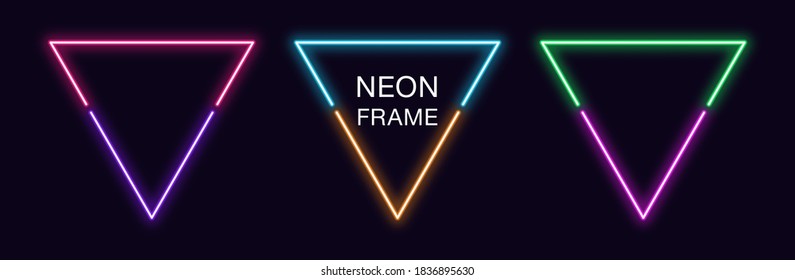 Neon triangle Frame. Set of triangular neon Border in 2 outline parts. Geometric shape with copy space, futuristic glowing element for social media stories. Violet, pink, orange, azure. Fully Vector
