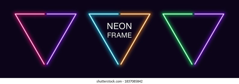 Neon triangle Frame. Set of triangular neon Border in 2 outline parts. Geometric shape with copy space, futuristic glowing element for social media stories. Violet, pink, orange, azure. Fully Vector