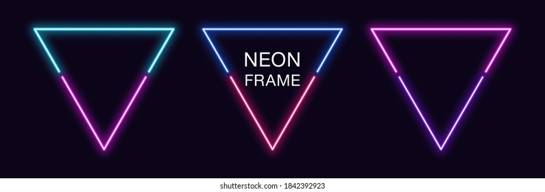 Neon triangle Frame. Set of triangular neon Border in 2 outline parts. Geometric shape with copy space, futuristic glowing element for social media stories. Blue, pink, purple, violet. Fully Vector
