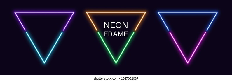 Neon triangle Frame. Set of triangular neon Border in 2 outline parts. Geometric shape with copy space, futuristic glowing element for social media stories. Violet, blue, purple, green. Fully Vector