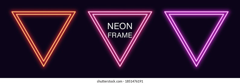 Neon triangle Frame. Set of triangular neon Border with double outline. Geometric shape with copy space, futuristic graphic element for social media stories. Red, pink, purple color. Fully Vector