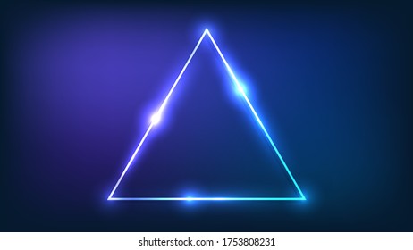 Neon triangle frame with shining effects on dark background. Empty glowing techno backdrop. Vector illustration.