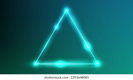 Neon triangle frame with shining effects on dark green background. Empty glowing techno backdrop. Vector illustration