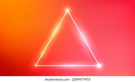 Marco de triángulo neón con efectos brillantes sobre el fondo naranja. Fondo tecno brillante vacío. Ilustración del vector