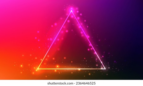 Marco de triángulo neón con efectos brillantes y destellos sobre fondo rojo oscuro. Fondo tecno brillante vacío. Ilustración del vector